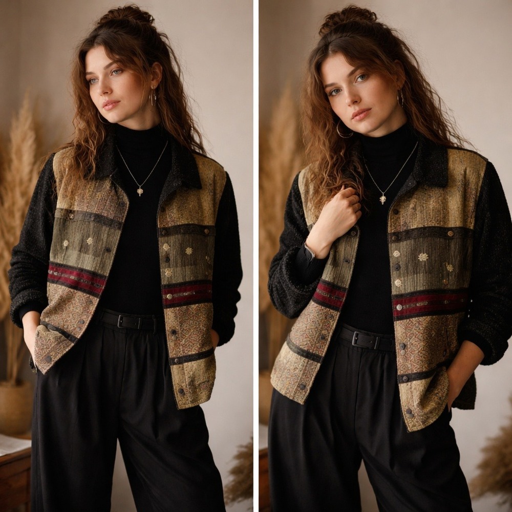 Art Teacher Textured Panel‎ Jacket Olive Earthy Whimsigoth 90s Style Women's XL